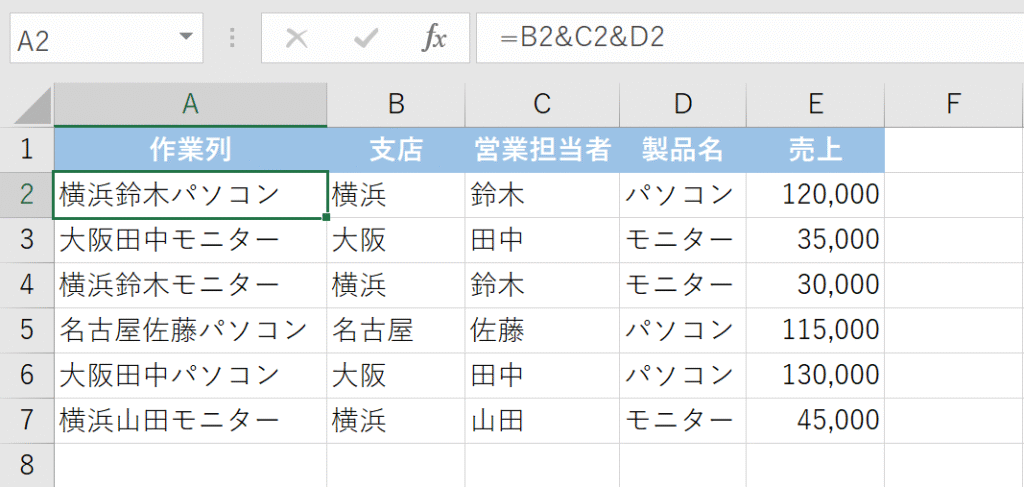 「支店」「営業担当者」「製品名」の3つの条件を&で結合したことが分かる画像