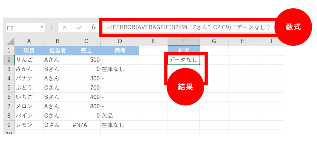IFERROR関数を使用した結果
