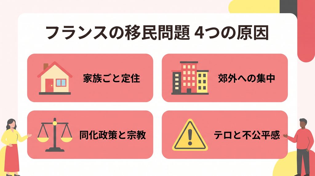 フランスの移民問題が深刻になった4つの原因の図解